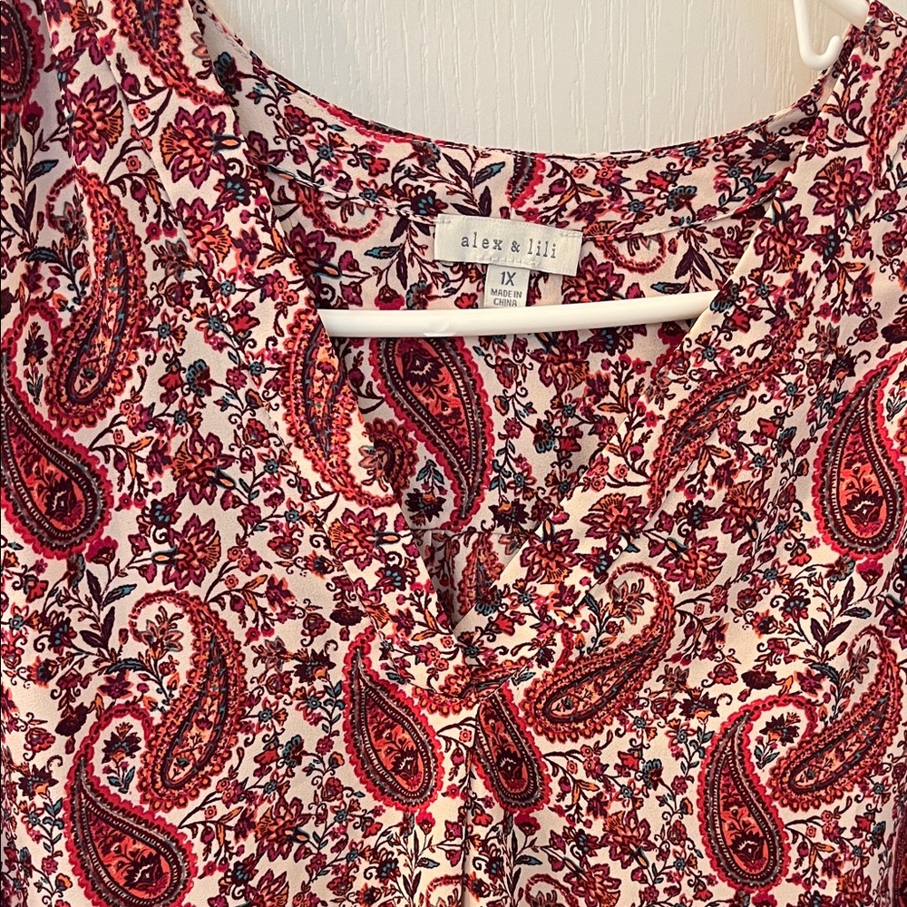Cream Paisley V-Neck Blouse in Red & Pink